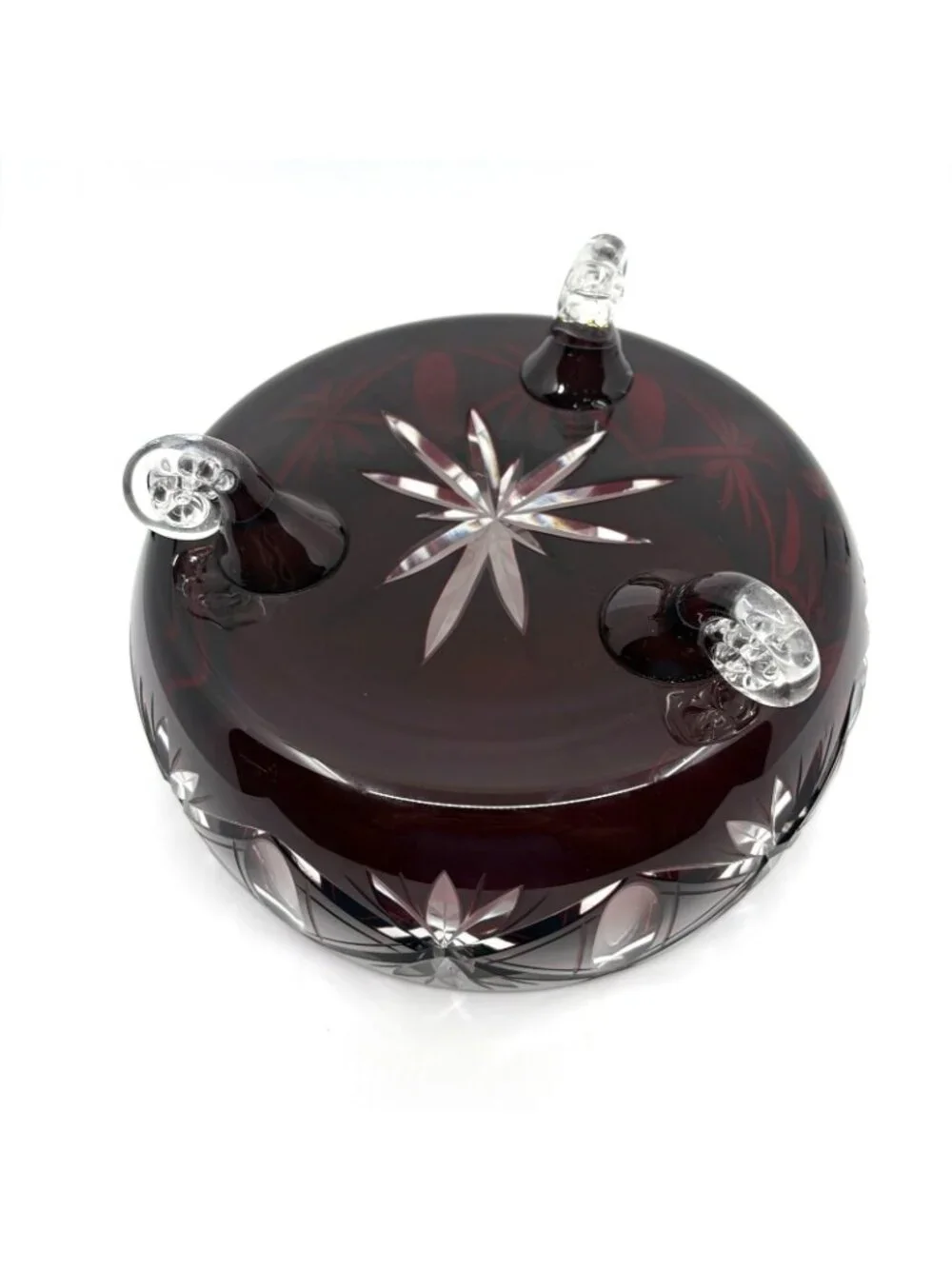 Vintage Bohemian Czech Ruby Cut to Clear Crystal Footed Centerpiece Bowl 8.5